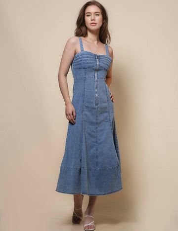 Ladies Zip Open Sleeveless Denim Midi Dress SKD50009