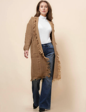 Ladies Solid Color Tassels Open Front Cardigan SKT41088