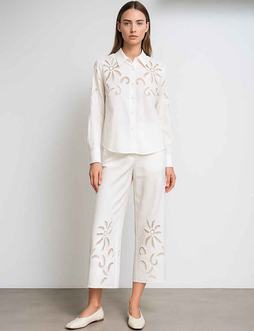 Ladies Embroidery White Top & Shorts 2PCS Set JST5506