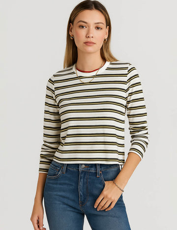 Ladies Color Block Striped Top Long Sleeves Cropped T-Shirts
