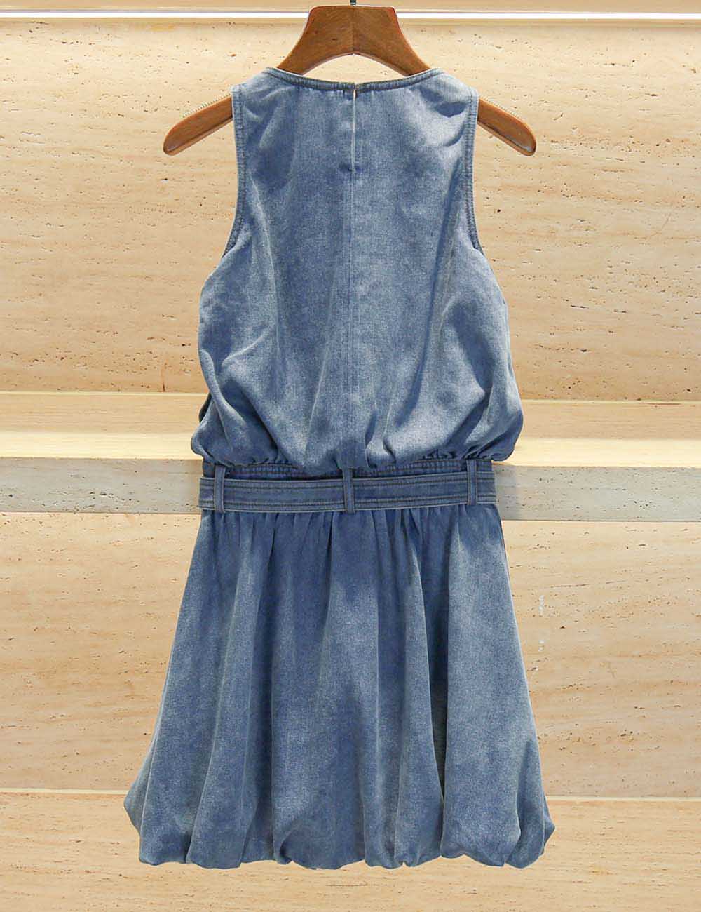 Ladies Round Neck Sleeveless Belt Mini Denim Dress