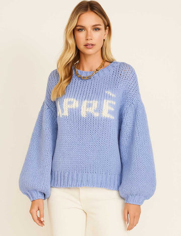 Ladies Letter Pattern Color Block Round Neck Knit Sweater