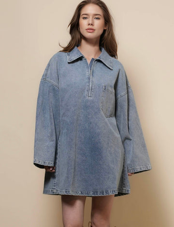 Ladies Turndown Neck Zip Denim Mini Dress SKD50084