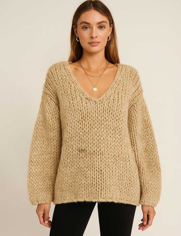Ladies Basic V-Neck Dropped Shoulder Sleeves Knit Sweater