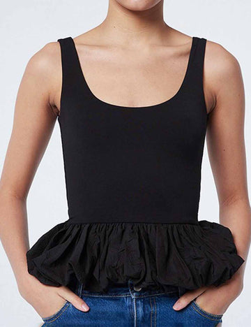 Ladies Solid Color U-Neck Puff Slevvesless Tank Top