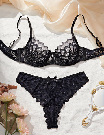 Ladies Sexy Lace See Through 2PCS Lingerie Set SKLG4043