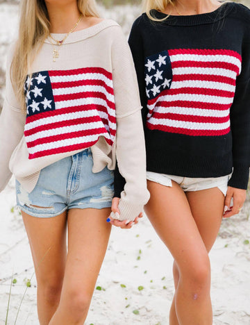 Ladies Round Neck American Flag Pullover Sweater SKT41070