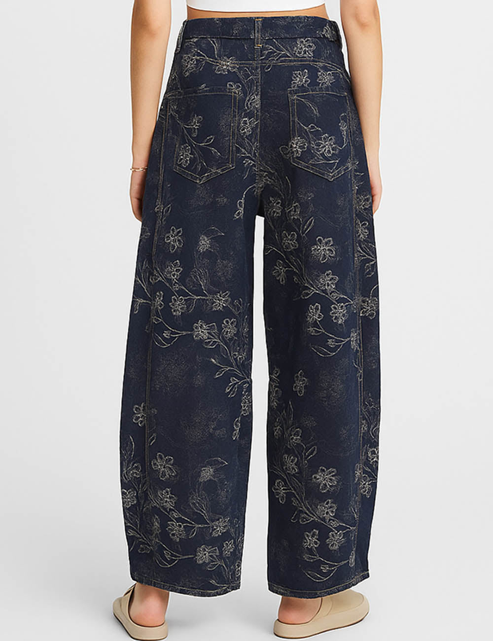 Ladies Vintage Denim Pants Floral Print Barrel Pants