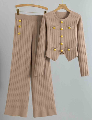 Ladies Solid Color Ribbed Knit Top & Pants Set