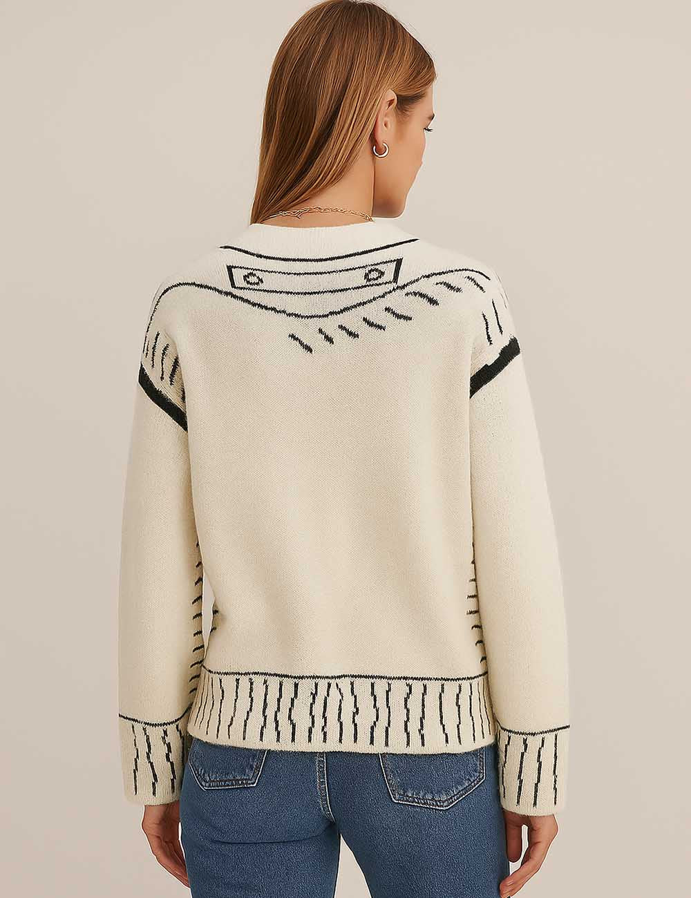 Ladies Color Block Doodle Long Sleeves Knitted Cardigan