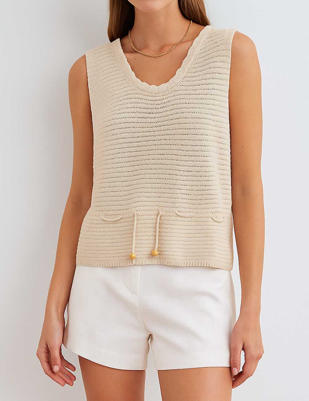 Ladies Solid Color V-Neck String Tie Knit Vest