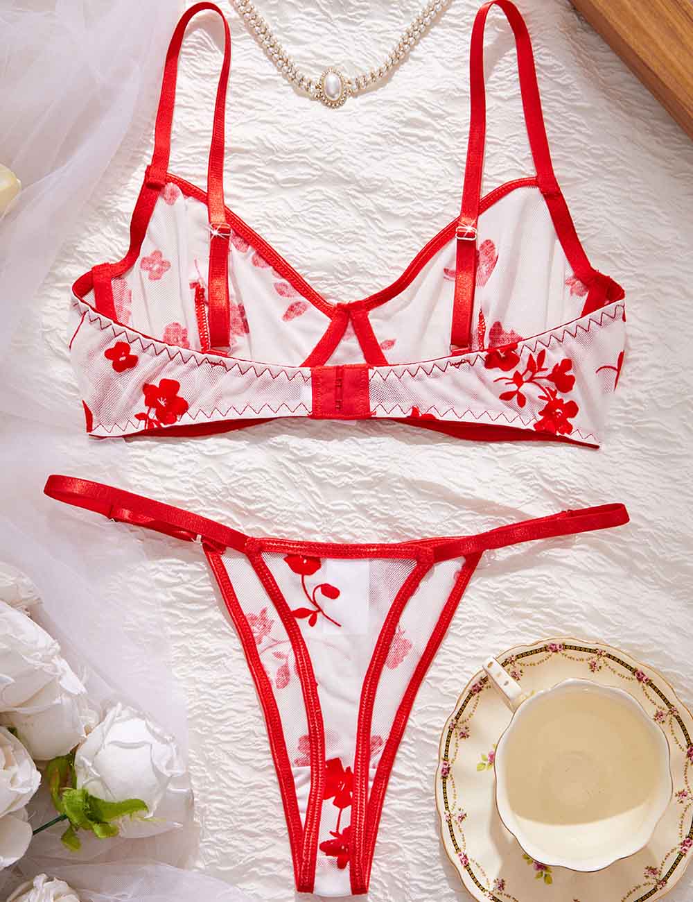 Ladies Sexy Mesh Floral Print Bra Thong Lingerie Set