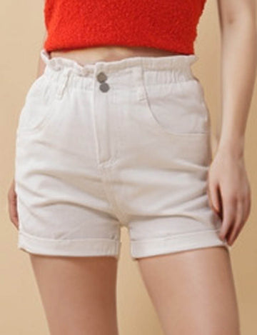 Ladies Smocking Button Cuffed Wide Leg Denim Shorts