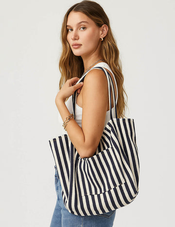 Ladies Striped Double Pocket Large Capacity Canvas Tote Bag