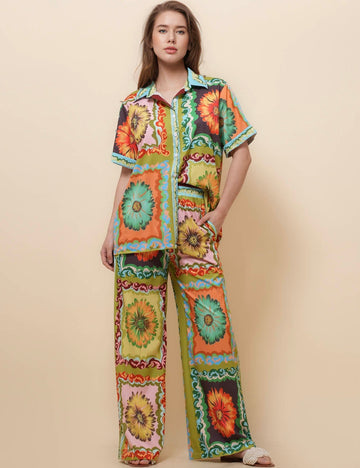 Ladies Turn Down Collar Short Sleeves Top & Pants Set SKST51136