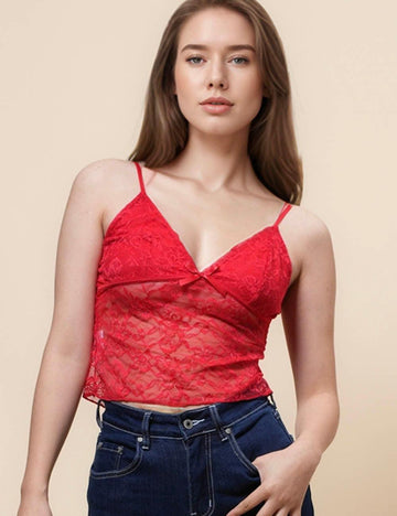 Ladies Hot Red Floral Lace See Sheer Camis SKT4987