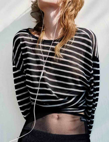 Ladies Color Block Striped Knit Long Sleeves Blouse