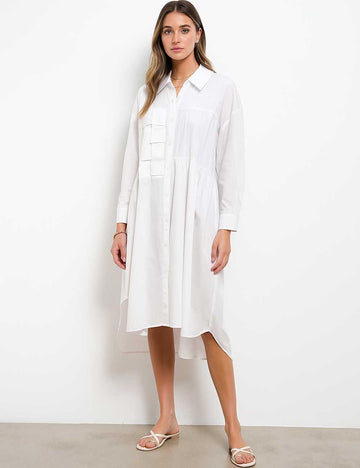 Ladies White Woven Button Down Long Sleeves Midi Dres