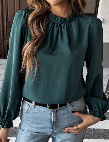 Ladies Solid Color Stand Collar Ruffle Long Sleeves Top