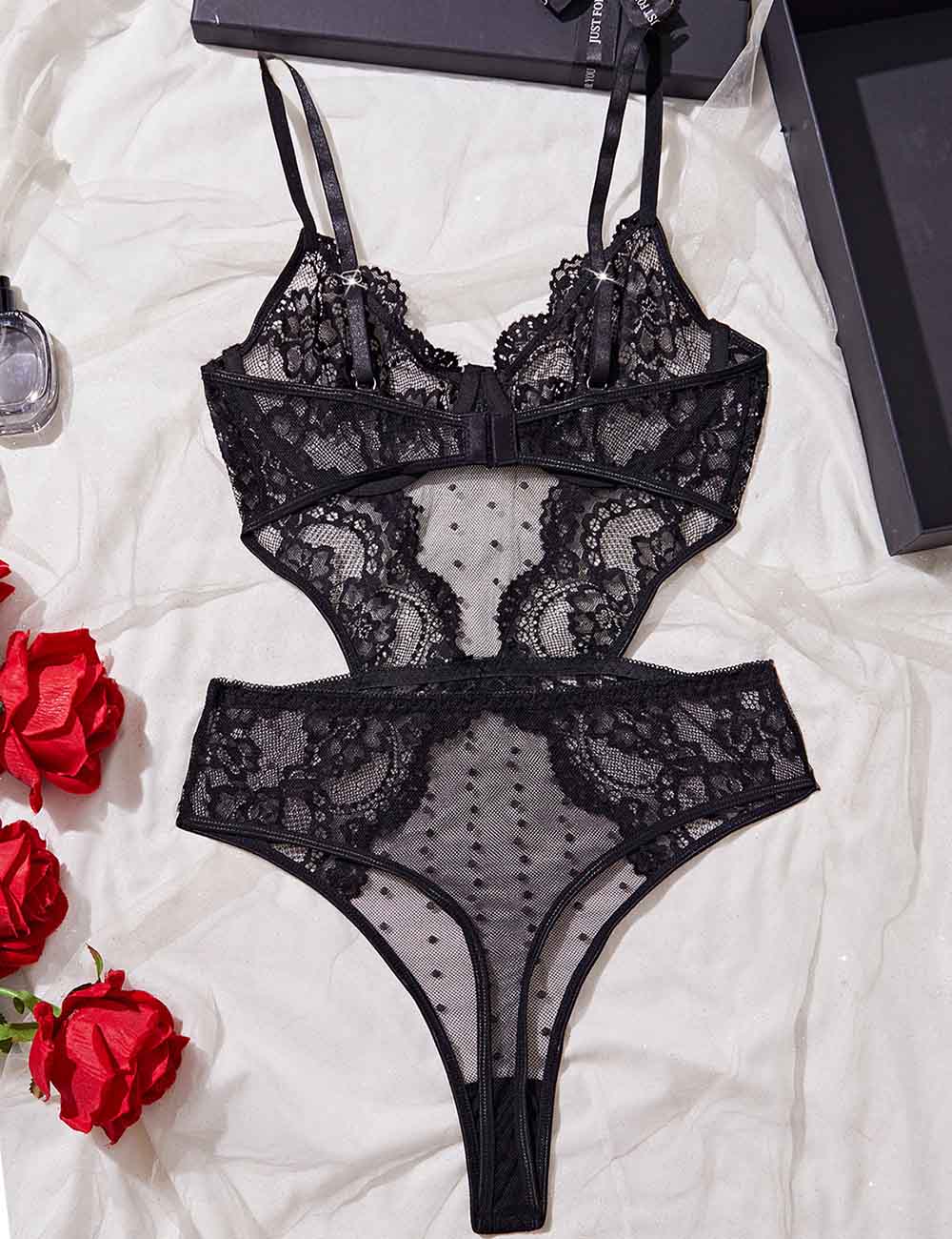 Ladies Sexy Eyelet Mesh Lace Cut-Out Lingerie Teddy