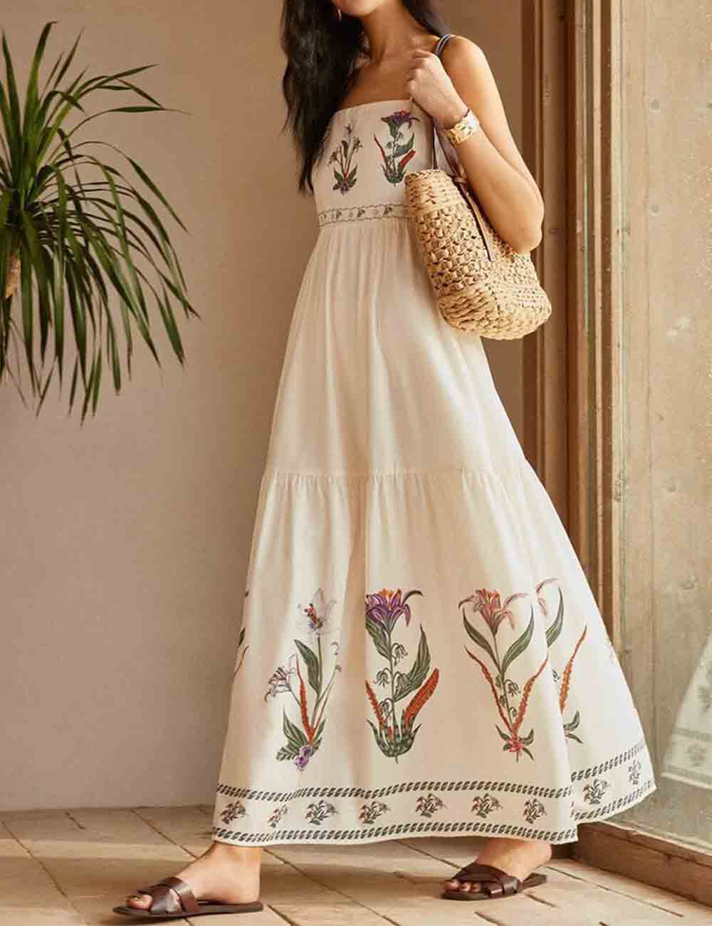Ladies Floral Print Tiered Backless Maxi Dress
