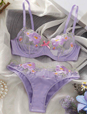 Ladies Floral Embroideries See Through 2PCS Lingerie Set 8XX0176