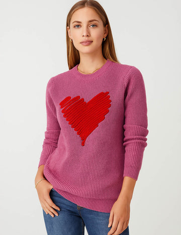 Ladies Valentine Heart Embroidery Color Block Sweater