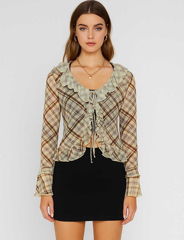 SKTKX32 Ladies Checked Cozy V-Neck Long Sleeve Top