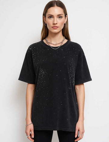 Ladies Colorful Rhinestone Round Neck Short Sleeves T-Shirt