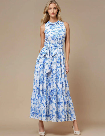 Ladies Turn Down Collar Sleeveless Floral Print Midi Dress JD5004