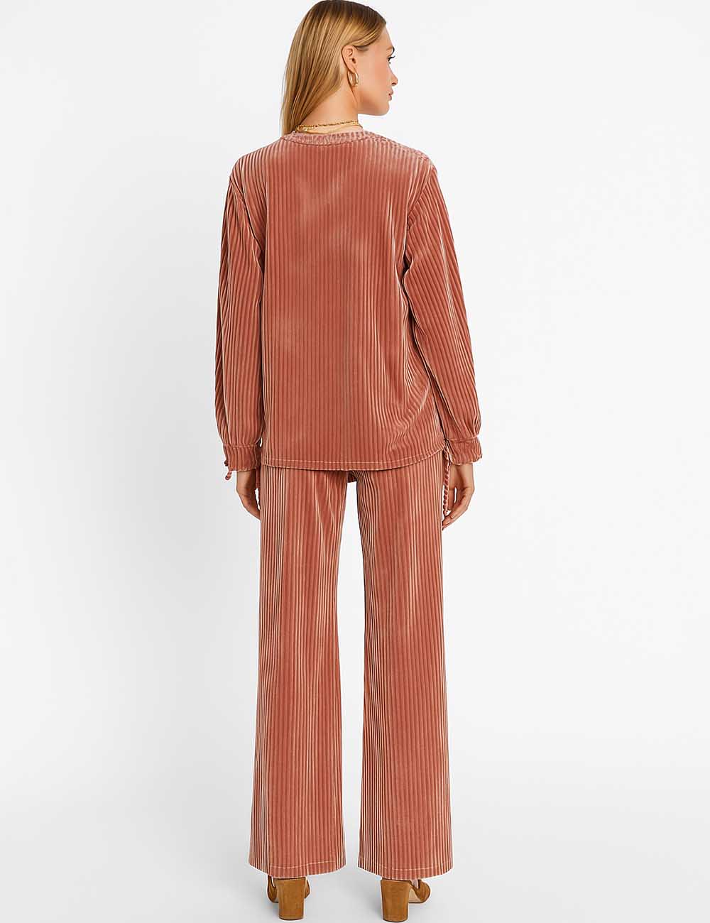 Ladies Rib Velvet Long Sleeves Blouse Pants 2PCS Set