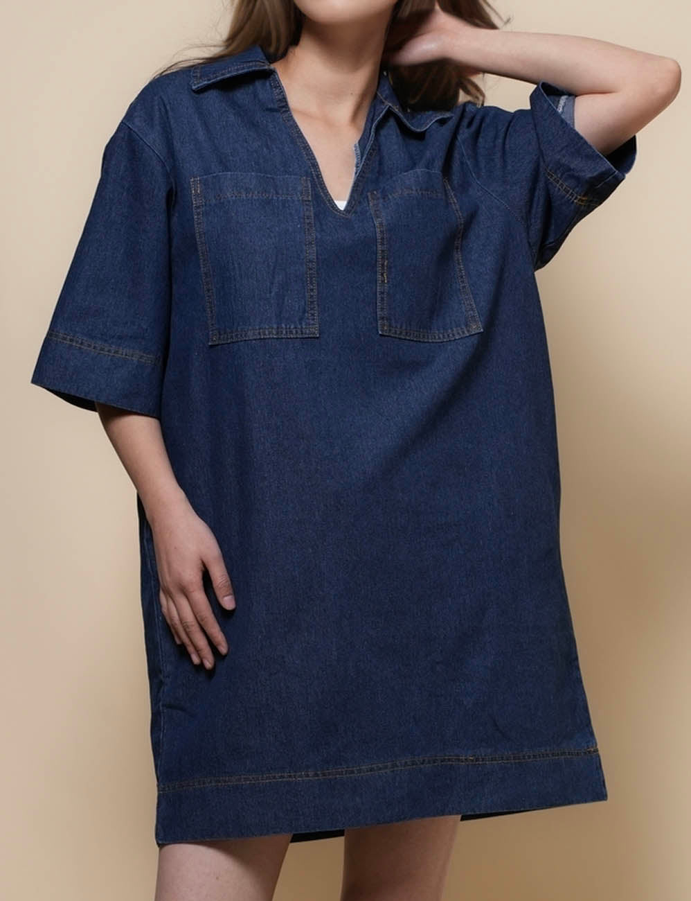 Ladies Turndown Collar Pockets Denim Mini Dress SKD50108