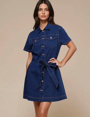 Ladies Short Sleeves Pockets Denim Mini Dress SKD50019