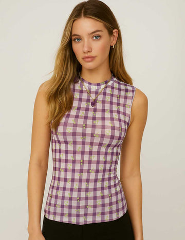 Women Sleeveless Mesh Tank Top Checked See Sheer Top