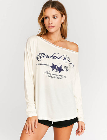 Ladies Letter Star Print Tee Off-Shoulder Long Sleeves Top