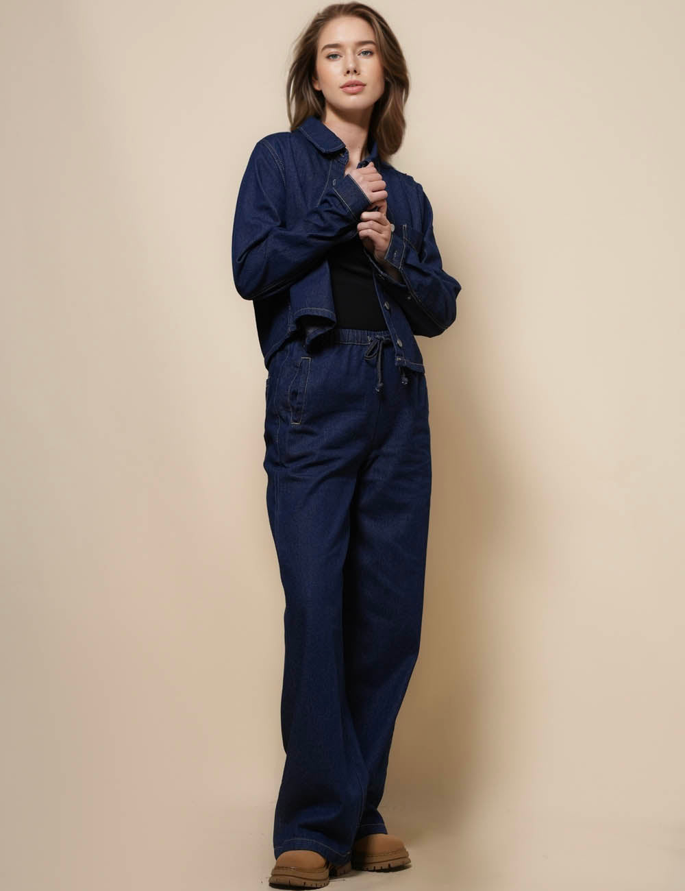 Ladies Turndown Collar Shirts & Pants Denim Set SKST50099