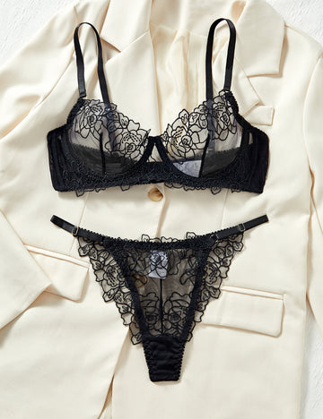 Ladies See Through Rose Embroidery lingerie Set SKLG4142