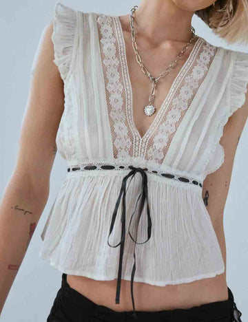 Ladies V-Neck Lace Bow Tie Flutter Sleeveless Babydoll Top