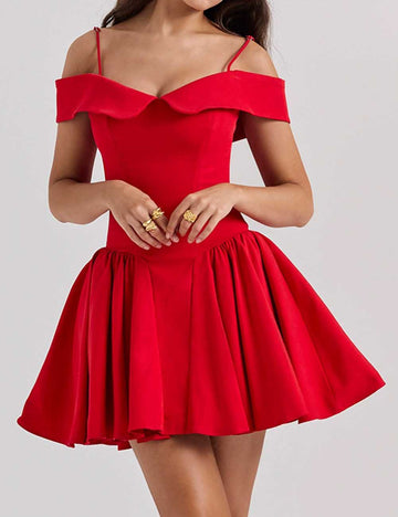Ladies Solid Color Off-Shoulder Spaghetti Strap Puff Mini Dress