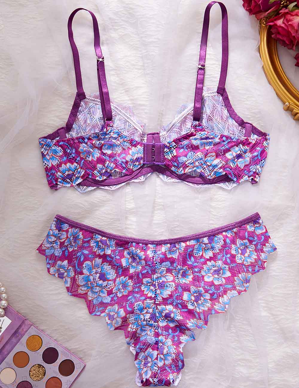 Ladies Sexy Floral Print Lace Edge Lingerie Set