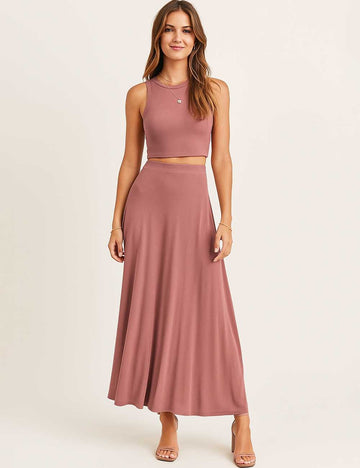 Ladies Knit Round Neck Sleeveless Top & Maxi Skirt Set