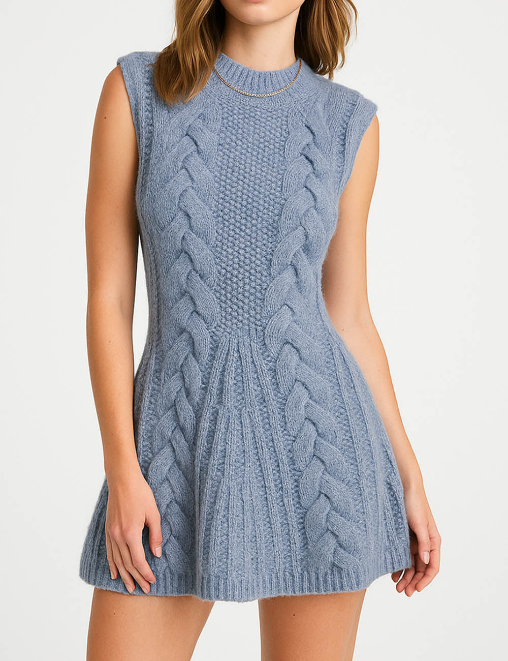 Ladies Chunky Knit Round Neck Sleeveless Sweater Mini Dress