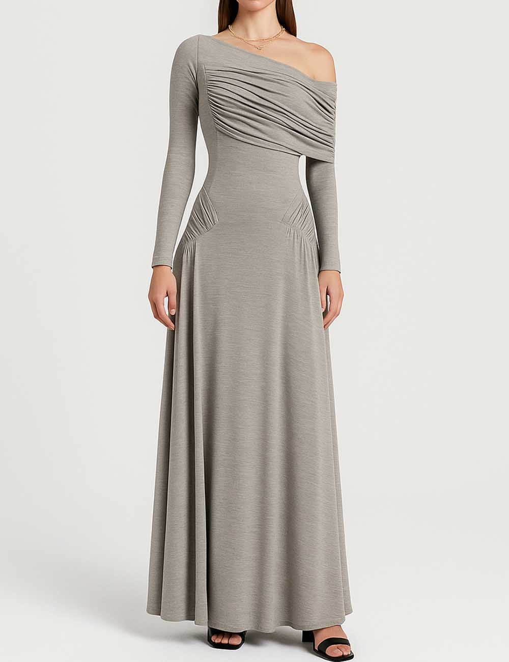 Ladies Off-Shoulder Wrinkle Long Sleeves Maxi Dress