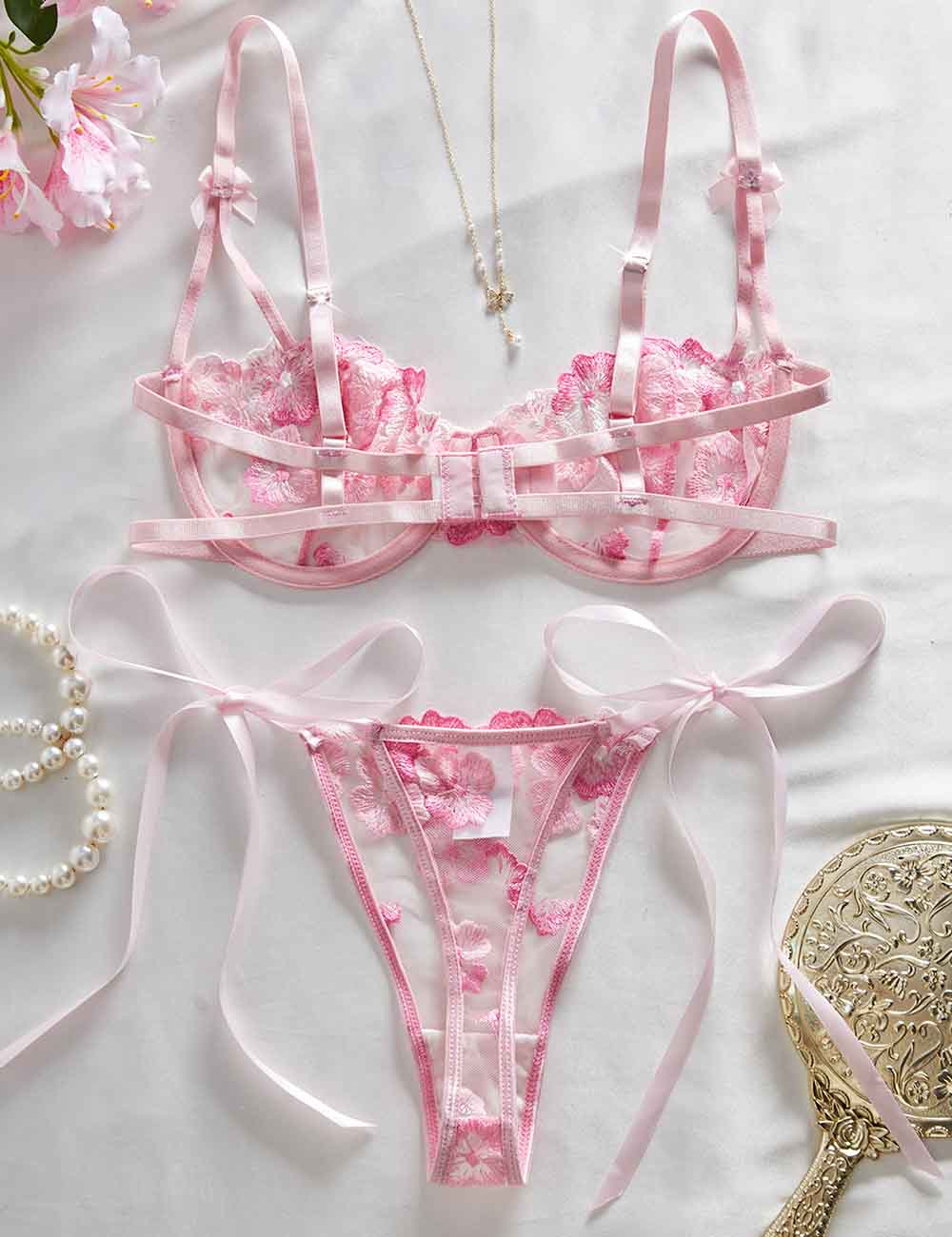 Ladies Floral Embroidery Side Tie Bra Thong Lingerie Set