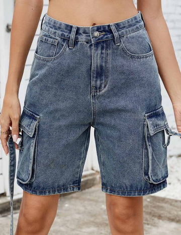 Ladies Washed Ribbon Straight Leg Denim Shorts 8SKP5X44