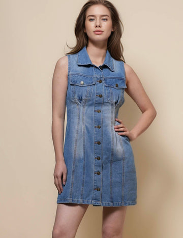 Ladies Turndown Neck Pocket Denim Mini Dress SKD50054