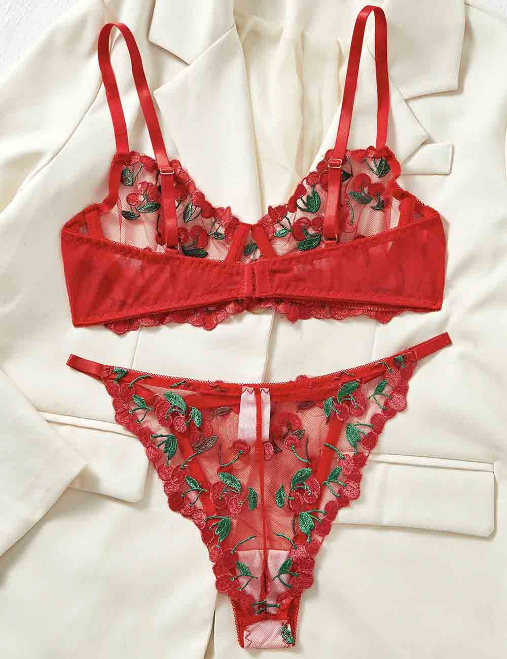 Ladies Cherry Embroidery See Through 2PCS Lingerie Set 8XX0038