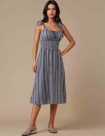 Ladies Square Neck Checked Smocking Strap Shoulder Midi Dress