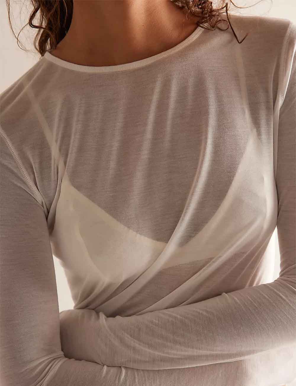 Ladies See Sheer Crew Neck Long Sleeves Layering Top