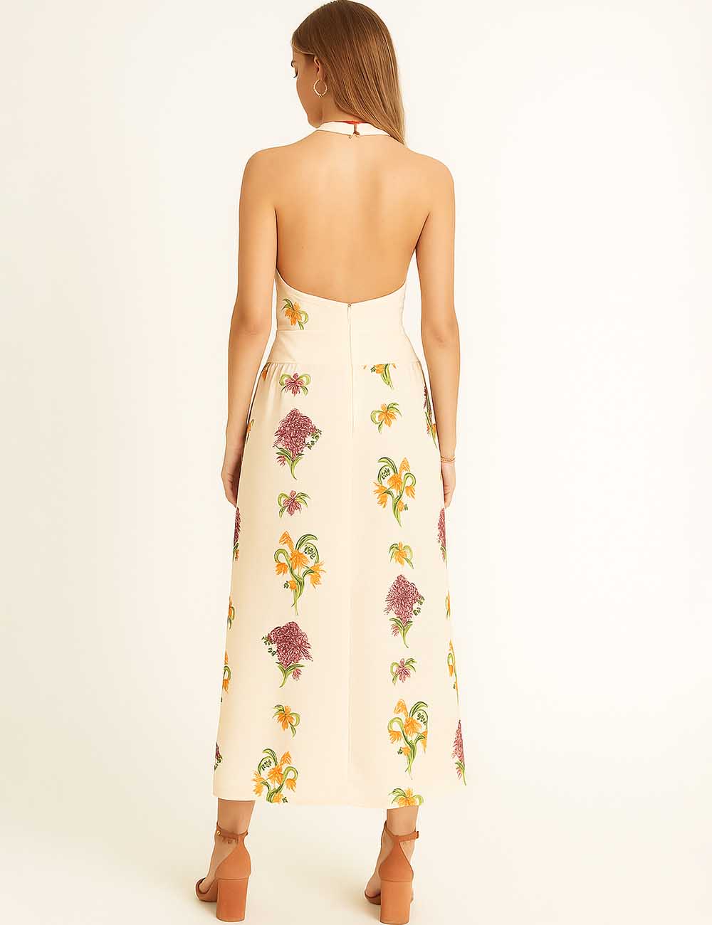 Ladies Floral Print Halter Sleeveless Maxi Dress